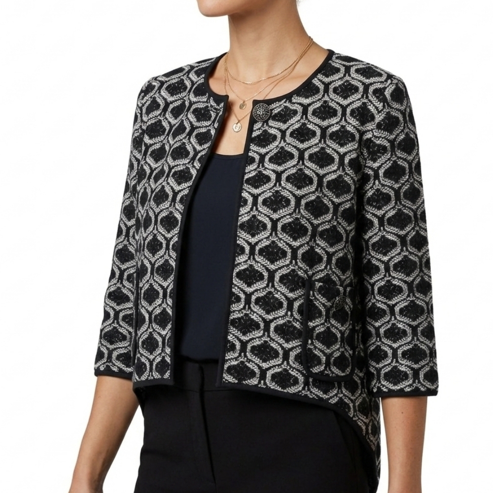 St. John‎ Geometric Graphic Black & Ivory Knit Blazer High Low Hem Size 4